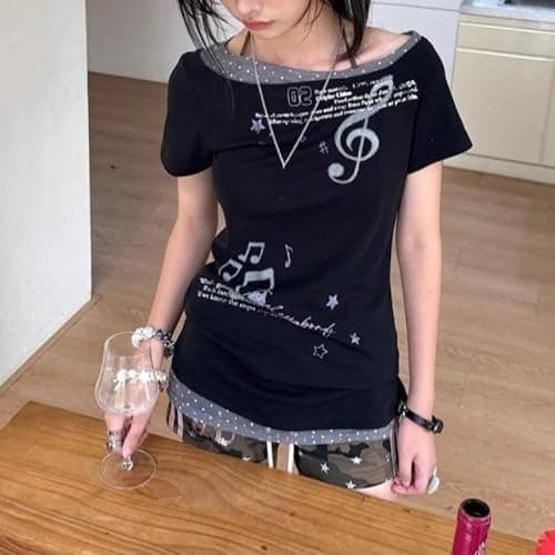 Harajuku Vintage Y2K Gyaru Music Graphic Tees Women Punk Gothic Shirts V Neck Slim Fit T-Shirts Summer Going Out Top thumbnail 3