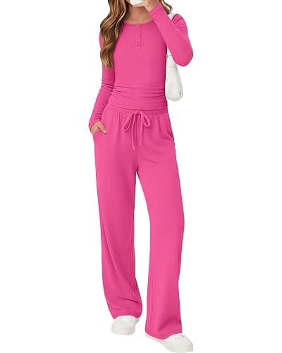 LessonZoo Girls 2 Piece Outfits Lounge Sets Long Sleeve Ruched Knit Henley Neck Fitted Tops Straight Leg Pants with Pockets - Image 1