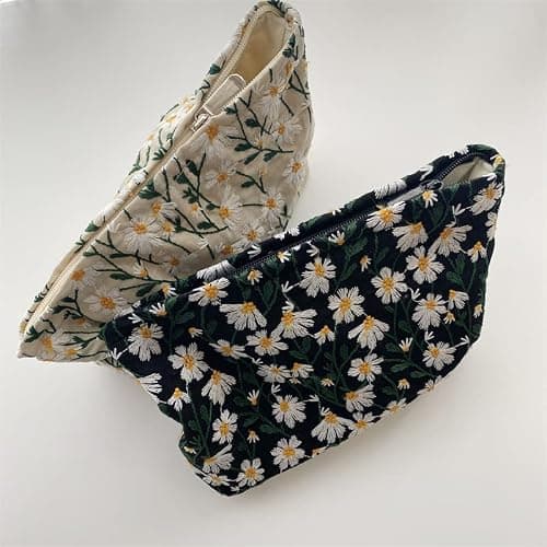 Makeup Bags for Purse Zipper Cosmetic Pouch Large Travel Canvas Make Up Organizer Tool Pouch for Women and Girls,Daisy White thumbnail 7