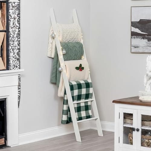 Blanket Ladder for Living Room and Bedroom, 5ft 8 inch, 6-Tier Wall Leaning Laminate Snag Free Construction (White) Rustic Decorative Farmhouse Blanket Storage, Quilt Rack, Ladder Shelf, Easy Assembly thumbnail 2