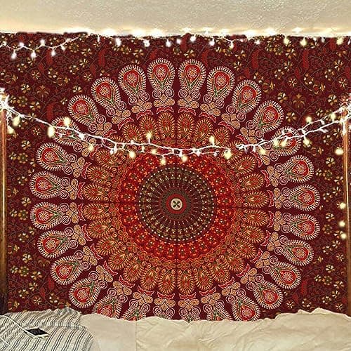 Bless International Handmade Indian hippie Bohemian Psychedelic Peacock Mandala Wall hanging College Dorm Beach Throws Table Cloth Bedding Tapestry (Maroon Yellow, Poster(30x40Inches)(76x101cms)) - Image 1