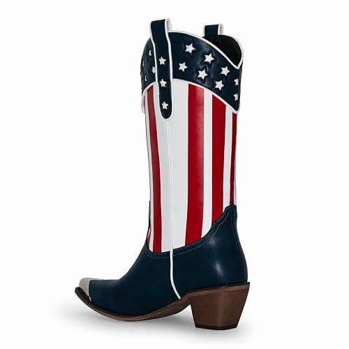 RKQ Women's Flag Mid Calf Cowboy Boots Chunky Block Heel Pull On Wide calf Metal Pointed Toe Western Cowgirl Booties classic sexy party Boots thumbnail 4