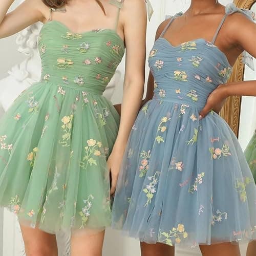 Women's Tie Strap Tulle Prom Dresses Sweetheart Flower Embroidery Dress Short Formal Party Mini Homecoming Dresses thumbnail 2