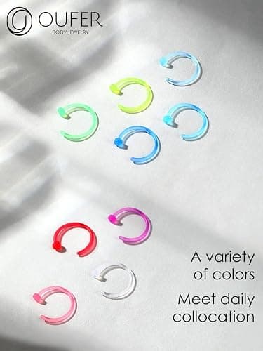 OUFER 20G Nose Ring Hoop, Colorful Clear Bioflex Acrylic Open Neon Nose Rings, Retainer Piercing Jewelry, Tragus Cartilage Helix Daith Lobe Earrings Piercing Retainer for Women Men thumbnail 5