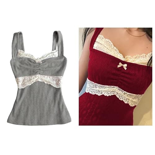 Women Y2k Lace Trim Tank Tops Teen Girl Goth Sleeveless Shirt Coquette Clothes Vintage V Neck Going Out Crop Top thumbnail 4