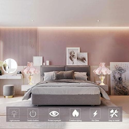 WISHVYQ European Style Pink Table Lamps Victorian Desk Lamp American Retro Handmade Fabric Lampshade with Resin Lamp Body Bedside Lamp for Girl's Bedroom Office Living Room thumbnail 5