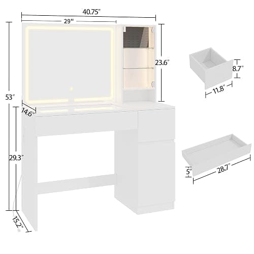 wanan Vanity with Glass Top, White Vanity Desk with Mirror and Lights, Jewelry Storage, Power Outlet, 3 Adjustable Lighting Modes, Makeup Vanity with 2 Drawers for Bedroom thumbnail 2