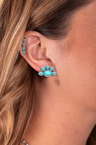 BVGA 9 Pairs Western Turquoise Stud Earrings Vintage Silver Turquoise Cowgirl Boots Lightning Cross Flower Stud Earrings Boho Gemstone Small Geometric Square Star Studs Turquoise Jewelry for Women Girls thumbnail 4