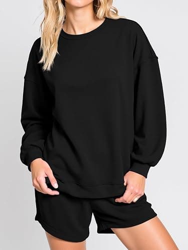 Tankaneo Womens Oversized 2 Piece Outfits Sweatsuit Casual Long Sleeve Crewneck Sweatshirts Sweat Shorts Fall Lounge Sets thumbnail 2