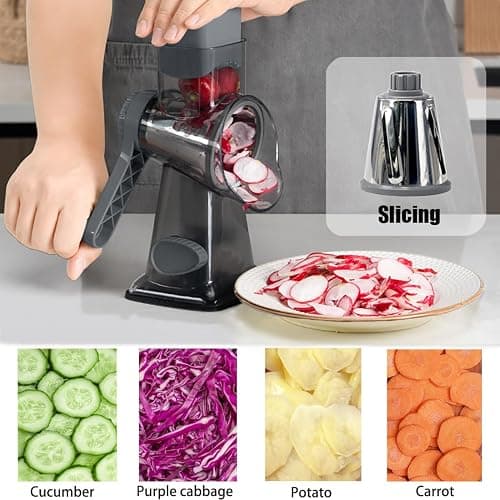 Rotary Cheese Grater Shredder with Handle Handheld Round Mandoline Vegetable Slicer Carrot Shredder Nut Grinder with 3 Replaceable Stainless Steel Drum Blades and Upgrade Strong Suction, Dark Grey thumbnail 3