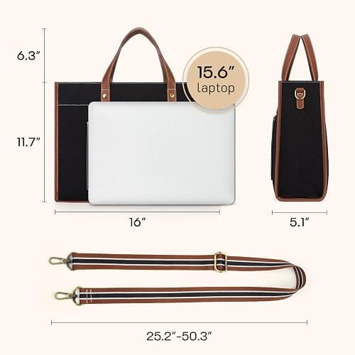Missnine Laptop Tote Bag Canvas Laptop Bag 15.6 inch Work Shoulder Bags Casual Briefcase Handbag for Travel, Office, College (Black+Brown) thumbnail 6