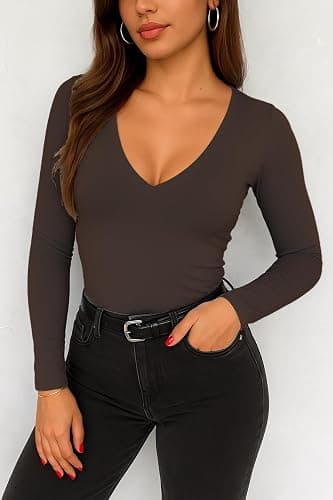 ForeFair Womens Casual V Neck Long Sleeve Shirts Going Out Double Lined Crop Tops Slim Fitted Basic Tee thumbnail 3