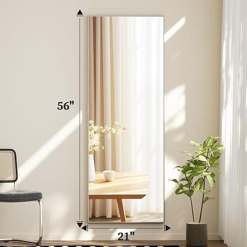 BEAUTYPEAK Full Length Mirror with Stand, 56"x21" Floor Mirror with Aluminum Alloy Thin Frame, ShatterVue Tempered Full Body Mirrors, Free Standing or Wall-Mounted Mirrors for Living Room, Silver thumbnail 2