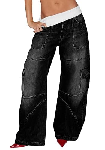 Unybwonn Women Baggy Cargo Jeans High Waist Patchwork Trendy Vintage Denim Pants Wide Leg Distressed Jeans with Pockets - Image 1