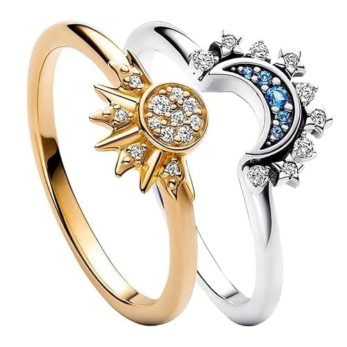 JczR.Y Sun And Moon Ring Set Size 6-11 Celestial Sun Moon Crescent Ring Set Gold Silver Shiny Sun Ring Blue Moon Ring for Women Men Fashion Rhinestone Crystal Rings Set Jewelry Gift - 8