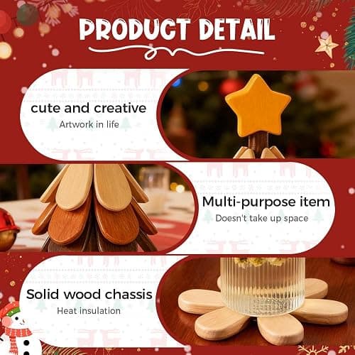 Untersetzer Holz Set für Baumkunst, 2026 Neu Weihnachtsbaum Topfuntersetzer Faltbare, 3/4 Holzuntersetzer + 1 Ständer Küchenzubehör für heiße Töpfe, Pfannen, Schüssel, Pfannenschoner (3Pcs #B) thumbnail 5
