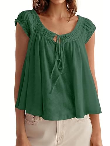 Tankaneo Women Summer Tie Front Tank Tops Cap Sleeve Pleated Babydoll Tops Casual Loose Fit Going Out Flowy Shirt - Image 1