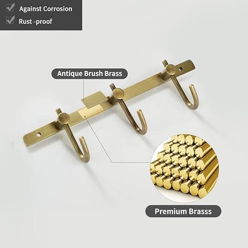 WINCASE Antique Brass Towel Hook Rack, Brushed Wall Hooks with 3 Hooks - Rustic Bath Coat Hook Holders thumbnail 4