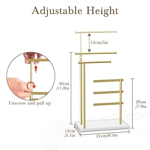 susswiff Jewelry Holder Organizer Stand - Adjustable Tall 17.5" (Max), Sturdy Jewelry Hanger for Necklaces, Earrings, Bracelets, Rings, Jewlery Display and Storage, Gold and White, Metal thumbnail 3