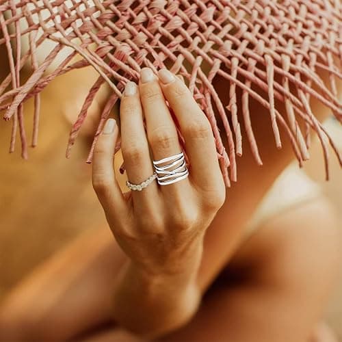 HAIXIAN Classic Silver Plain Multi Cross Lines Wide Band Ring,Silver plated Statement Thumb Index Finger Chunky Band Ring,Cocktail Party Ring for Women thumbnail 6