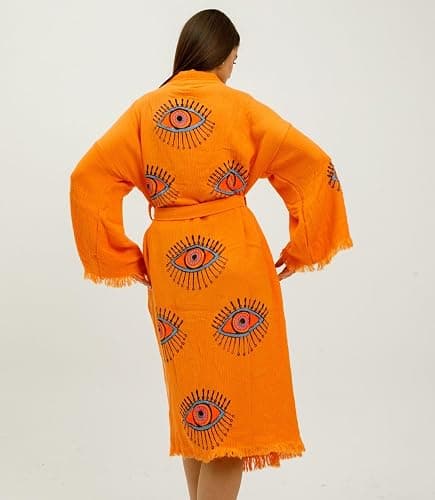 CYC Atelier 100% Turkish Cotton Evil Eye Kimono Robe – Hand Printed Caftan Beach Cover Up – Boho Festival Kimono for Women thumbnail 5