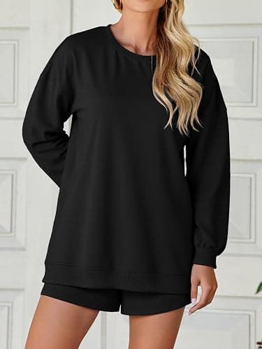 Tankaneo Womens Oversized 2 Piece Outfits Sweatsuit Casual Long Sleeve Crewneck Sweatshirts Sweat Shorts Fall Lounge Sets thumbnail 4