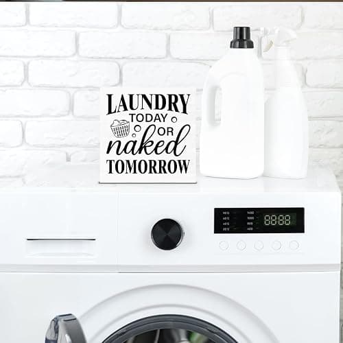 Laundry Sign - Funny Laundry Room Signs Laundry Today or Naked Tomorrow Wood Block Sign Farmhouse Decoration for Home Laundry Room Shelf Desk Table thumbnail 5
