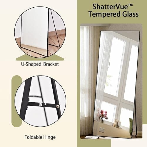 BEAUTYPEAK Full Length Mirror with Stand, 56"x21" Floor Mirror with Aluminum Alloy Thin Frame, ShatterVue Tempered Full Body Mirrors, Free Standing or Wall-Mounted Mirrors for Living Room, Black thumbnail 5