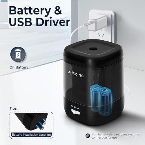 Aniborsa Electric Pencil Sharpener, USB & Battery Operated, Adjustable Nibs, Automatic Pencil Sharpener for Kids, Classroom, School, Home, Office, Black thumbnail 6