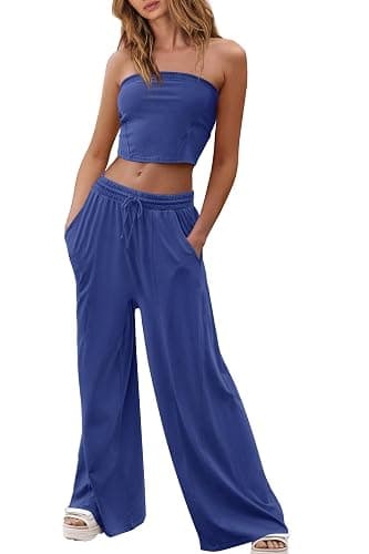 Panadila Womens Summer Lounge Sets 2 Piece Outfits Tube Top and Wide Leg Pants Matching Set Beach Vacation Clothes thumbnail 2