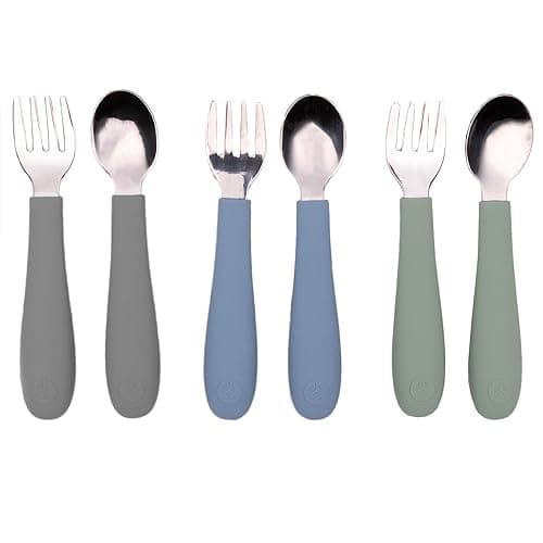WeeSprout Toddler Utensils, 3 Forks & 3 Spoons, 18/8 Stainless Steel & Food Grade Silicone, Thick Easy-Grip Handles, Perfect Length For New Self Feeders, Gentle On Gums & Teeth, Dishwasher Safe - Toddler Utensils - Matte Dark Gray, Blue, Green