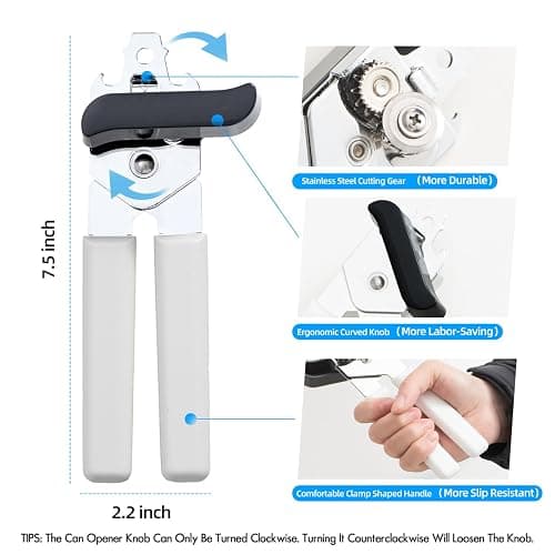 Can Opener Manual, Can Openers Hand Held with Comfort Anti-Slip Handles, Heavy Duty Stainless Steel Can Opener Smooth Edge and Bottle Openers, Easy Turn Can Openers for Seniors, Kitchen, White thumbnail 3