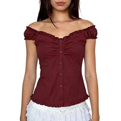 Women Short Sleeve Fitted Blouses Summer Y2k Button Down Shirts Vintage Ruffle Frill Slim Fit Crop Tops Streetwear thumbnail 2