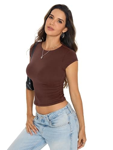 EasyGala Womens Double Lined Tops Cropped Cap Sleeve Shirts Crew Neck Fitted Going Out Tees Y2k Summer Clothes 2026 thumbnail 3