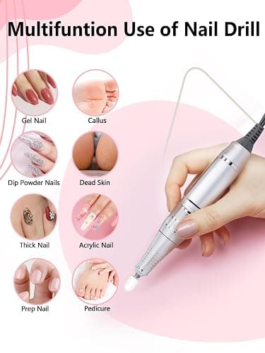 Nail Drill 50000 RPM, Electric Nail File E-File Machine with 12 Drill Bits | Rechargeable Portable Nail Drill for Acrylic Gel Nails, LCD Display, Low Noise, Home Salon Manicure Polishing Kit, Pink thumbnail 5