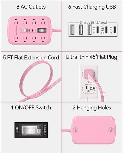 Pink Extension Cord with 6 USB(3 USB-C) 8 Outlets, Flat Plug Power Strip | 5FT, 1625W, Surge Protector, USB-C (15W), Cute Kawaii Pink Office Dorm Home Room Decor, Desk Accessories for Women Girl thumbnail 3