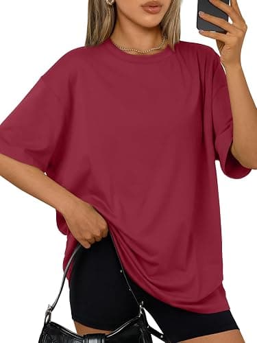 Trendy Queen Womens Oversized T-Shirts Short Sleeve Crew Neck Summer Tops | Midweight Poly-Cotton Blend, Drop Shoulder Loose Fit - Image 1