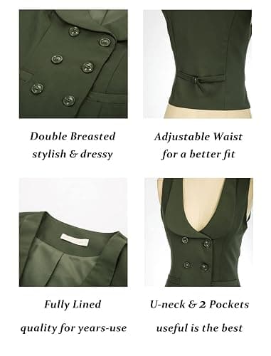 Belle Poque Women Double Breasted Waistcoat Vintage Lapel Collar Vest Coat with 2 Pockets thumbnail 3
