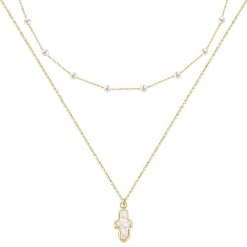 PEALICIOUS Gold Cross Necklace for Women, 14K Gold Chunky Necklace Dainty Paperclip Jewelry with Choker Layered Cross Pendant for Trendy Baroque Jewelry, Paperclip Chain Set with Freshwater Pearl - Image 1