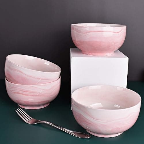 Bosmarlin Marbling Ceramic Soup Bowl Set of 4, 33 Oz, Dishwasher and Microwave Safe (33 Oz, A-Pink Marbling) thumbnail 6