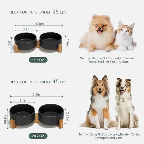SPUNKYJUNKY Ceramic Dog and Cat Bowl Set with Wooden Stand, Modern Cute Weighted Food Water Set for Small Size Dogs (13.5OZ) & Medium Sized Dogs (28.7OZ) & Cats (1.7 Cups, 2 × Black) thumbnail 2