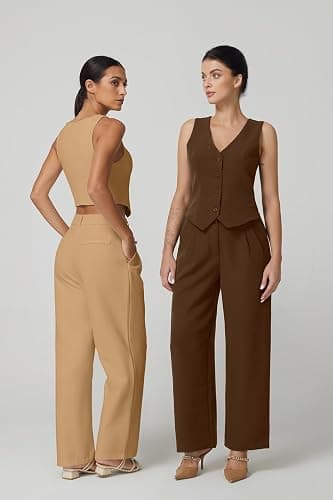 QINSEN Wide Leg Dress Pants for Women High Waisted Wrinkle Free Work Pants with Pockets Casual Slack thumbnail 5