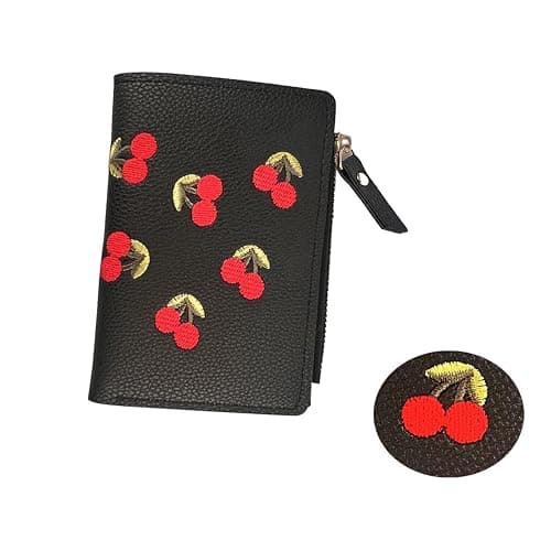 Aoaoss Small Wallet Women I Cherry Wallet I Women'sCute Embroidered Short Wallet I Women and Girls Daily Life Fashionable Versatile Pu Leather Zipper Wallet I Cherry Print Ladies Mini Purse (Black) thumbnail 5