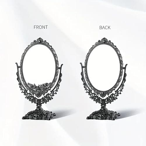 SUNLOREN Vintage Black Tabletop Makeup Mirror, Ornate Antique Oval Swivel Vanity Mirror with Floral Carved Frame, Freestanding Decorative Dresser Mirror for Bedroom Bathroom Decor thumbnail 4