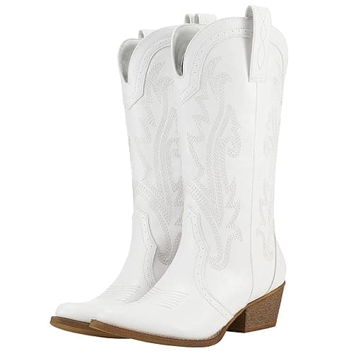 HISEA Rollda Cowboy Boots Women Western Boots Cowgirl Boots Ladies Pointy Toe Fashion Boots - 8.5 - White - Image 1