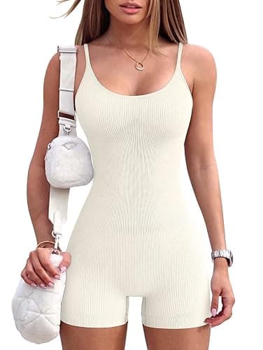 YIOIOIO Women Workout Seamless Jumpsuit Yoga Ribbed Bodycon One Piece Spaghetti Strap Shorts Romper - Image 1