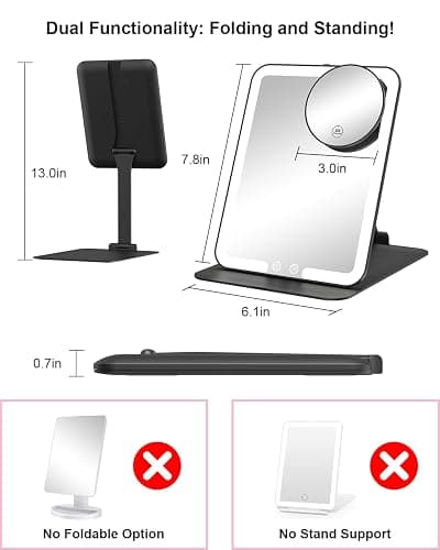 Gospire Travel Makeup Mirror with Lights and Magnification 10X, Portable Make Up Compact Tabletop with Adjustable Stand, 3 Colored Light Rechargeable Lighted LED Cosmetic Vanity- Black thumbnail 2