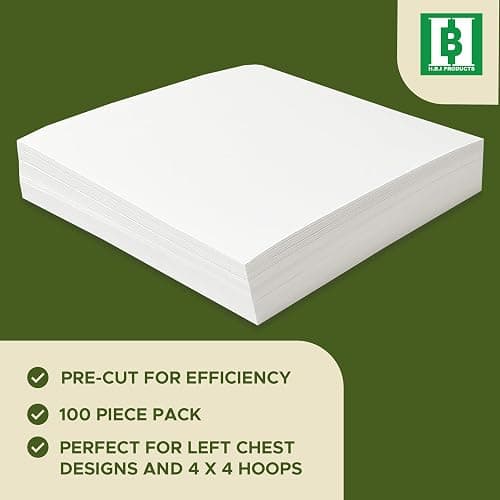 H.B.I. Products Cut Away Embroidery Stabilizer Sheets 8" x 8", 100 Precut Pieces, 2.5 oz Medium Weight Cutaway Backing for 4x4 & 6x6 Hoops, USA Made thumbnail 6