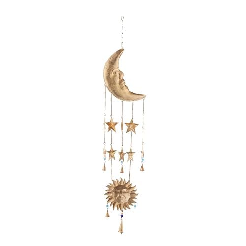 Deco 79 Metal Sun and Moon Windchime with Glass Beads and Cone Bells, 9" x 1" x 39", Gold thumbnail 4