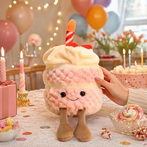Aguwgax 1-Piece Birthday Cake Plush Toy, Pink Smiling Cake Room Decor | Soft Food Plushies for Bedroom Sofa Decoration and Birthday Gift thumbnail 2